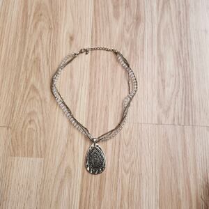 Festival Boho Layered Bib Necklace Teardrop Pendant Gold Tone Beads Gypsy Chic